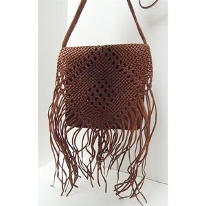 Moroccan Handmade Brown‎ Tooled Leather Boho Fringe Whipstich Crossbody Bag